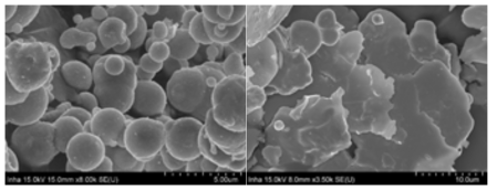 자성체(CC) 형상 및 크기별 모양(왼쪽:Powder,평균입자 3~5㎛, 오른쪽:Flake, 평균입자 10~15㎛)