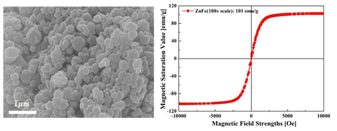 ZnFe 나노 자성 입자 (Pilot scale)의 SEM 사진 및 VSM 그래프