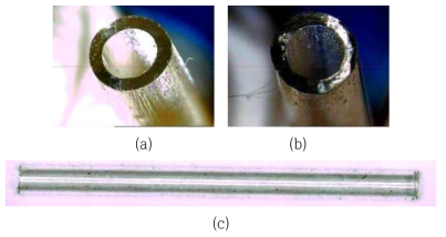 생분해성 고분자 튜브 (a)내부온도 180℃ (b)내부온도 220℃ (c) 생분해성 고분자 튜브 측면 사진