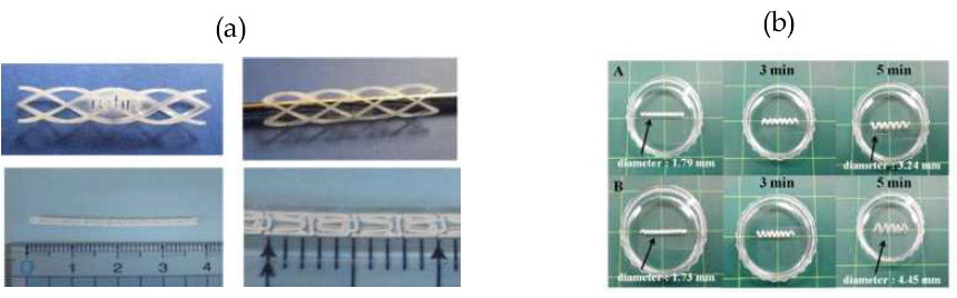 생분해성 고분자 스텐트 제조 및 분석 기술: (a) 실제 가동된 생분해성 고분자 사진, (b) 생분해성 소재의 팽윤 및 형상기억 특성 분석