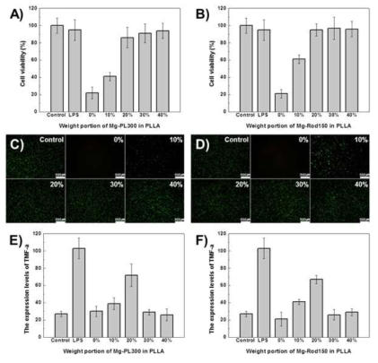 PLLA/Mg(OH)2 복합체의 세포독성 및 염증억제 효과 검증 결과