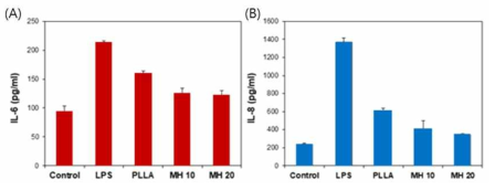 혈관내피세포의 염기성 수산화마그네슘 함량에 따른 염증억제 효과 검증: (A) IL-6 및 (B) IL-8>