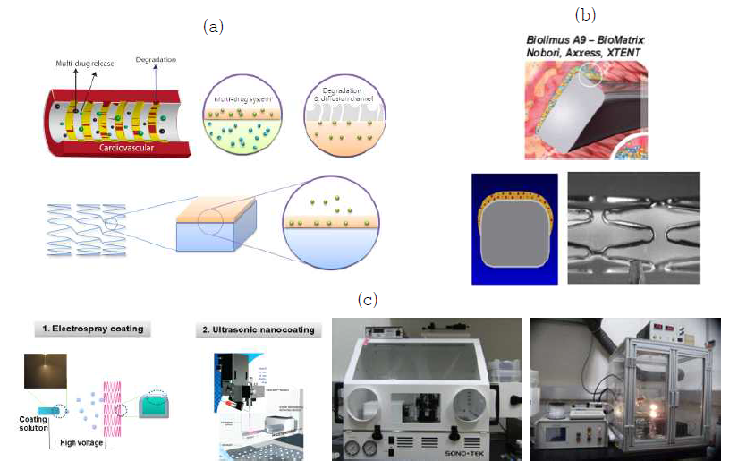 스텐트 양면 다중코팅 기술 개요: (a) 약물방출 메카니즘, (b) 양면 다중약물 코팅 스텐트, (c) 스텐트 정밀코팅