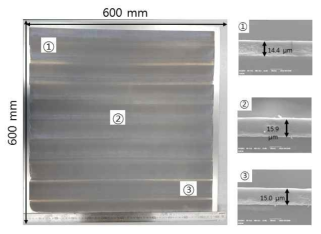 600 mm급 대면적 코팅품의 위치에 따른 두께 및 미세구조 분석 결과