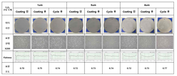 Y2O3 코팅 두께에 따른 AlN 히터의 열사이클 평가 전·후 분석 결과