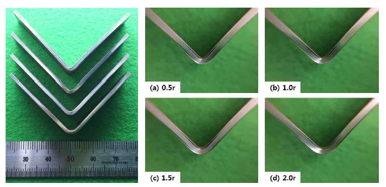 0.5, 1.0, 1.5, 2.0의 r값을 지닌 펀치로 가공한 1.5t Cu/Al/Cu 하이브리드 판재의V-bending 실험 결과