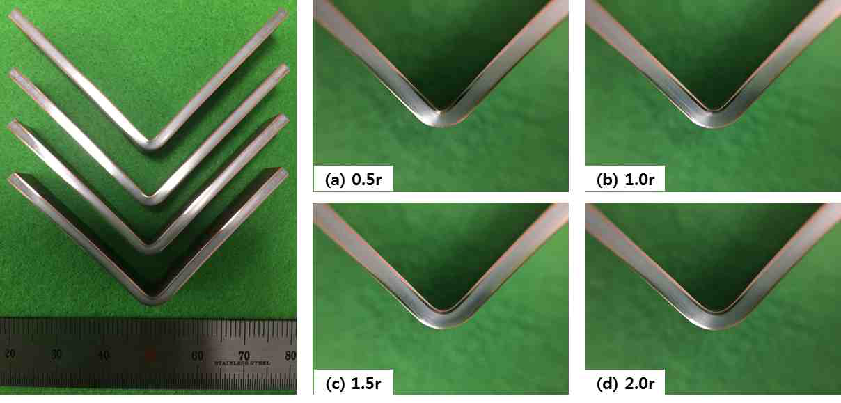 0.5, 1.0, 1.5, 2.0의 r값을 지닌 펀치로 가공한 2.0t Cu/Al/Cu 하이브리드 판재의 V-bending실험 결과