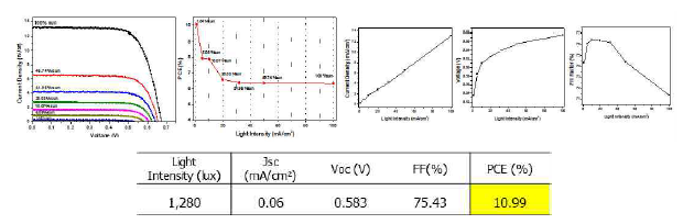 광강도에 따른 DSC 소자 광전변환 거동(TVP208), 24cm2, 전해질:I-1/I3-1