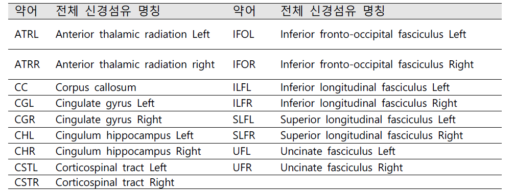 뇌신경 확장 텐서 영상에서 FA value를 계산한 대상 신경 섬유