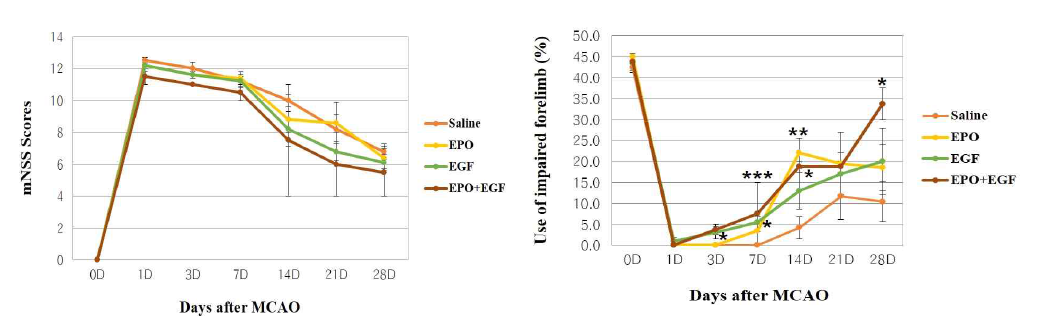 투여 성장인자 종류별 신경학적 행동변화 및 cylinder 평가 결과(* P < 0.05, ** P <0.01, *** P < 0.005 vs, Saline group)