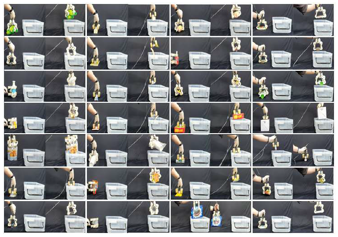 소프트 하이브리드 그리퍼를 사용해 Amazon Picking Challenge 2015에서 제시된 물품 25 종류에 마스크, 컵 포장, 손세정제의 3 개의 물품을 추가한 총 28 종류의 물품을 파지해 들어 올리는 모습