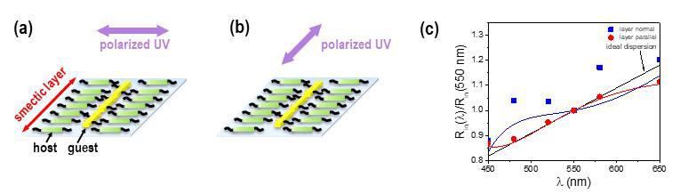 (a) UV 편광 방향이 레이어에 수직한 경우 (b) 레이어에 평행한 경우 (c) 각 경우에 따른 파장분산성 그래프