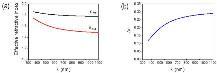 보조파장 격자구조 내 굴절률의 분산 그래프. (a) TE wave와 TM wave에 대한 유효 굴절률 및 (b) 굴절률 이방성 Δn 및 (c) duty cycle의 변화에 따른 Δn의 분산 그래프