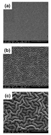 FE-SEM 사진; (a),(b),(c), 각각 10nm, 25nm, 50nm의 Al을 쌓았을 때의 형상 구조