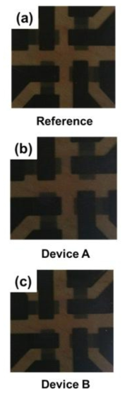 내부에 주름 구조를 적용한 소자들의 Black Tint Effect 이미지; (a) Reference* (b) Device A* (c) Device B*