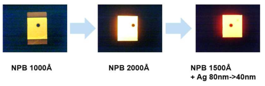 Reference 및 Nano Island Structure A, B, C를 도입한 소자 발광 사진