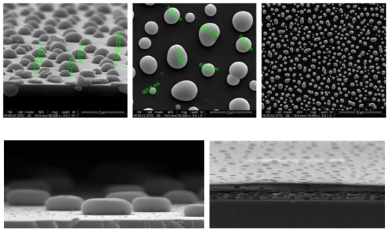 특정 무기물을 증착 후, 온도와 수분 조건을 조절하면서 Nano Island Structure를 구성하여 SEM Image 촬영