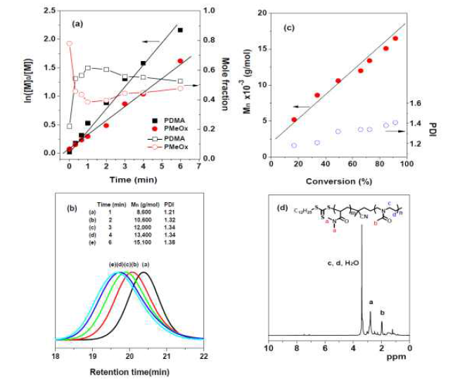 블록 공중합체의 시간에 따른 전환율 및 분자량 변화, 1H NMR 결과