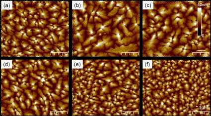 개질된 SiO2 절연층 위의 40 nm 펜타센박막 AFM 모폴로지: (a) 무처리 SiO2, (b) PS, (c)PS-r-PPFS15, (d) PS-r-PPFS48, (e) PS-r-PPFS65,(f) PPFS 처리