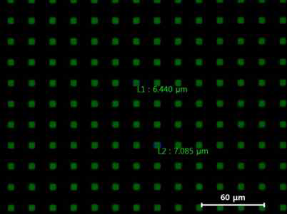 Lift-off공정 후 PR잔 막에 의해 10 μm 에 못 미치는 발광화소 형성 결과