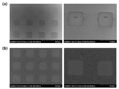 10 μm 발광화소 형성 공정의 단계별로 측정한 SEM 이미지 (a) 현상 공정 후 형성된 PR패턴 (b) lift-off공정 후 형성된 EML패턴