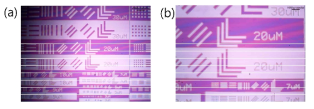 Si wafer 상부 P(FDMA-ran-α-BMOMA)RAFT (FDMA:α-BMOMA = 1 : 0.25)의 패턴 이미지(a), [(b)는 (a)를 확대한 이미지]