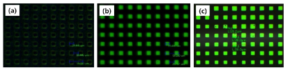(a) 자체평가 불소계 감광물질 적용한 20µm급 발광 전과 (b) 녹색인광발광이미지 (c) 외부기관 측정이미지
