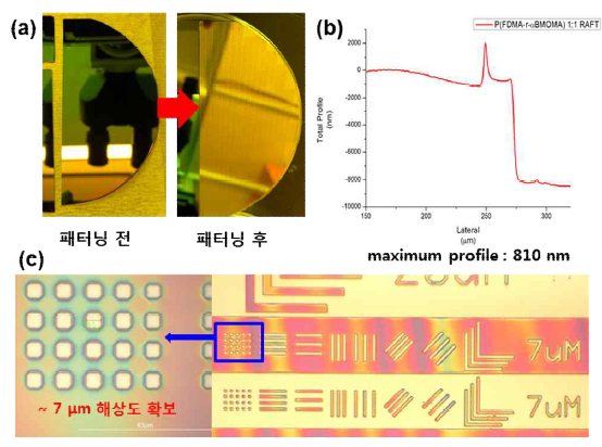 4 inch Si wafer 전면에 P(FDMA-ran-αBMOMA)]RAFT 코팅 후 7 μm 패턴 확보한 이미지