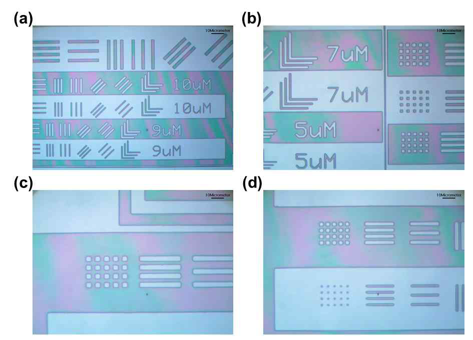 T-LPF와 PFI_RAFT를 혼합하여 만든 패턴 박막 사진 (a) 10 ㎛, 9 ㎛ (b) 7 ㎛, 5 ㎛ (c) 7 ㎛ (d) 5 ㎛ 패턴 크기를 가짐을 보여줌