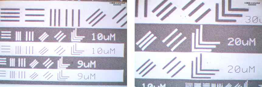 T-LPF-D와 RF-IPDI-NH2를 혼합한 용액을 사용하여 만든 박막으로 형성한 pattern의 광학 현미경 사진
