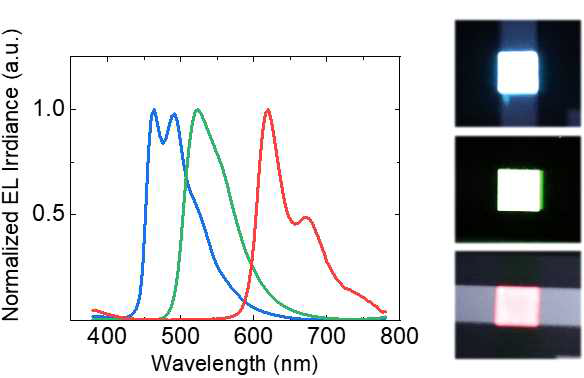 R,G,B 전기화학 발광 소자의 스펙트럼 및 발광