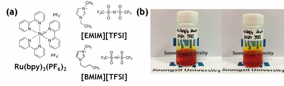(a) 액상 전기화학발광전지의 활성층 구성 요소 (b) 실제 활성층을 구성하는 용액