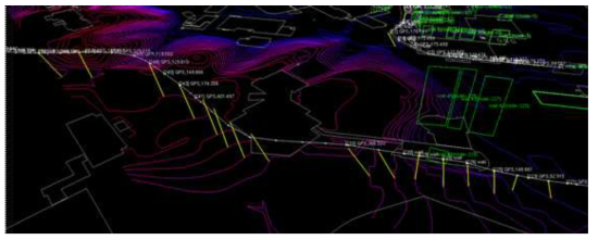 차량의 궤적(흰색 line 및 point-node)과 Digital Elevation Model(보라색 라인) 간의 정합 결과(노란색 선분)