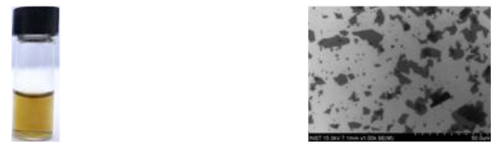 제조된 산화그래핀 용액 (좌) 과 산화그래핀이 coating 된 SEM 표면 이미지 (우)