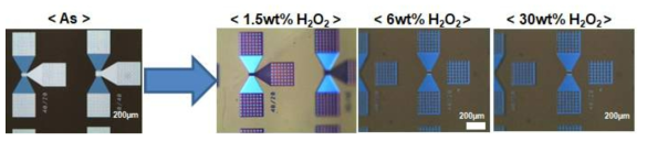 PI/GO(0.8)&MnO2/Glass 기판 위 제작 되어진 a-IGZO TFTs의 과수 탈착 전/후 Optical Microscopy 이미지