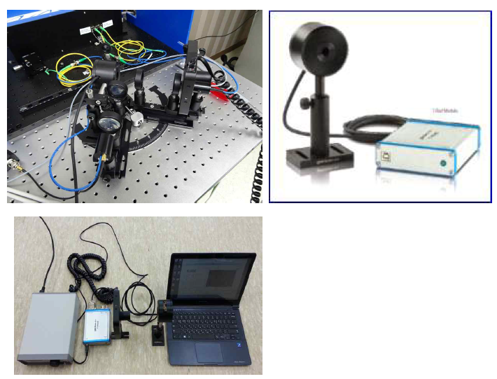 (좌상) THz파 반사측정 모듈과 THz-B 검출기를 함께 장착한 모습 (우상) THz-B(THz9B-BL-DZ) Detectors and T-Rad Module (Gentec) (좌하) USB와 노트북을 파워미터와 함께 설치한 구성 예 (우하) THz 검출기에서 실제로 측정한 결과 : ~50μW 성능 확인