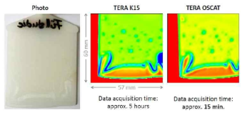 (좌도) 측정시료(폴리머), (중앙그림) TERA K15(이미징시스템)로 얻은 영상(예), (우도) 선정한 TERA OSCAT 장비로 얻은 영상(예) : 획득영상의 크기는 60x60 mm2