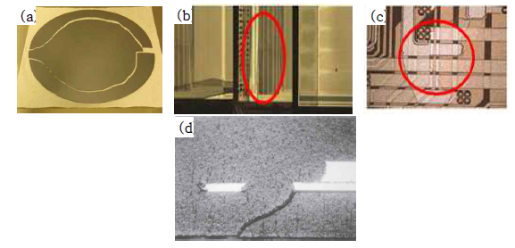 (a) 거시균열, (b) 미시균열, (c) 미시균열의 진전, (d) 패키징 과정에서 생기는 균열