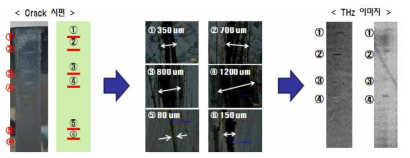 균열(Fracture) 생성된 Si 웨이퍼의 실사, 현미경 및 THz 이미징 결과