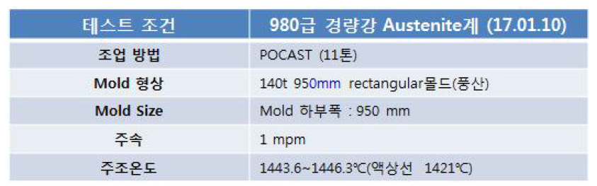 Austenite계 경량강재 연속주조 조업성 검토위한 테스트 조건