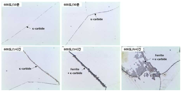 (A815 강) 700도/(10분,30분,1시간,3시간,6시간) 열처리 후 미세조직 (OM)