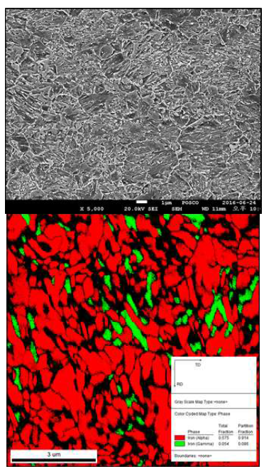 시험생산재의 미세조직. SEM/EBSD