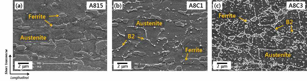 A815, A8C1, A8C3강의 TD면 미세조직 (SEM)