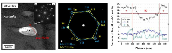 A8C3강의 B2석출상에 대한 TEM-DP 및 TEM-EDS line profile 분석