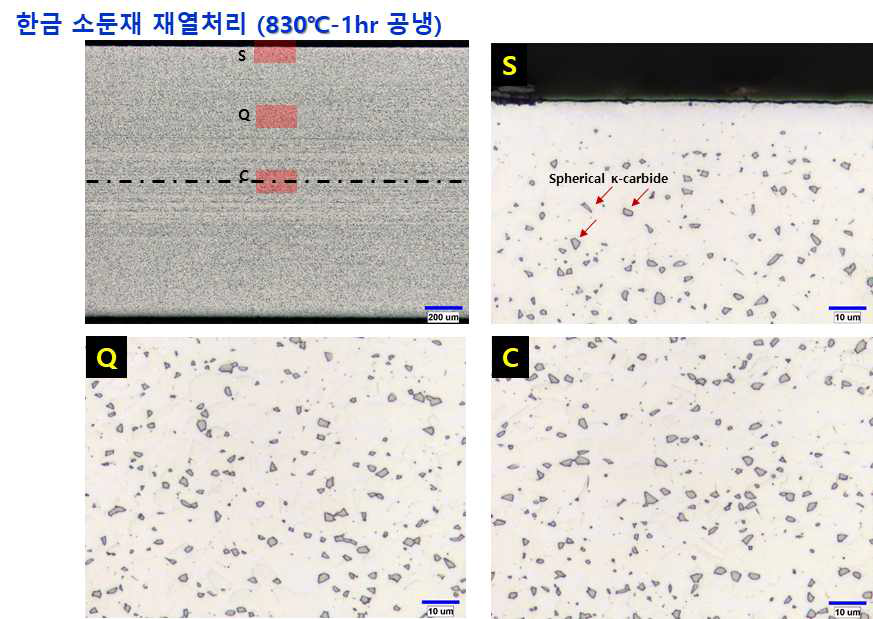 재열처리재 광학조직 분석결과 (830℃, 1시간 유지 후 공냉)