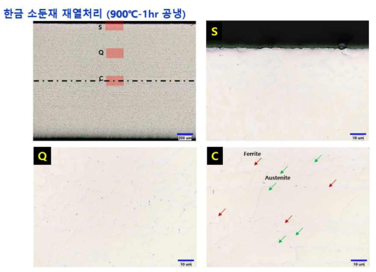 재열처리재 광학조직 분석결과 (900℃, 1시간 유지 후 공냉)