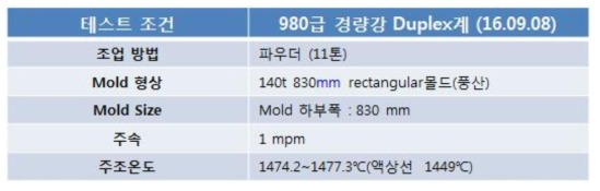 Duplex계 경량강재 연속주조 조업성 검토위한 테스트 조건