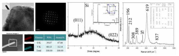 VO2 NW의 HR-TEM, SAED, EDS 성분분석(좌)과 XRD(중), Raman(우)