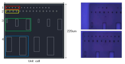 VOx 박막식각용 미세패턴(좌), PR 패턴후의 광학현미경 이미지(우)