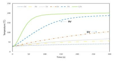 장착된 발열체의 인가전압에 따른 온도 상승 패턴